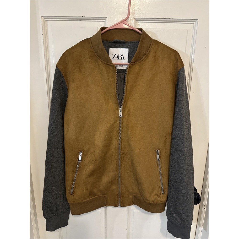 ZARA Men's Camel Gray Faux Suede Bomber Zip Jacket‎ Size Medium Classy Clean
